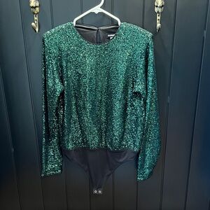 Express Sequin Green Bodysuit Top